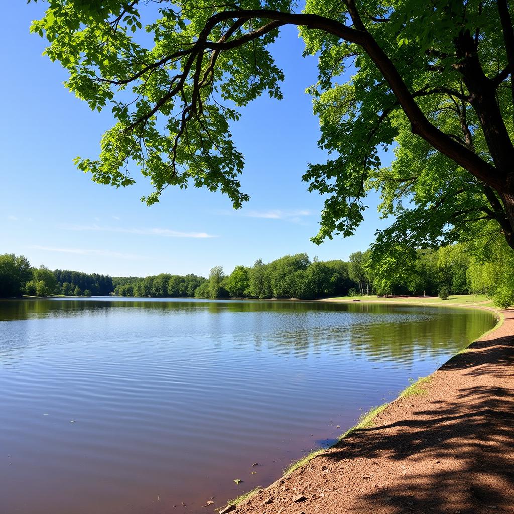 A serene landscape featuring a calm lake surrounded by lush green trees and a clear blue sky