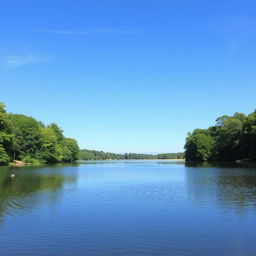 A serene landscape featuring a calm lake surrounded by lush green trees and a clear blue sky