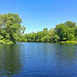 A serene landscape featuring a calm lake surrounded by lush green trees and a clear blue sky