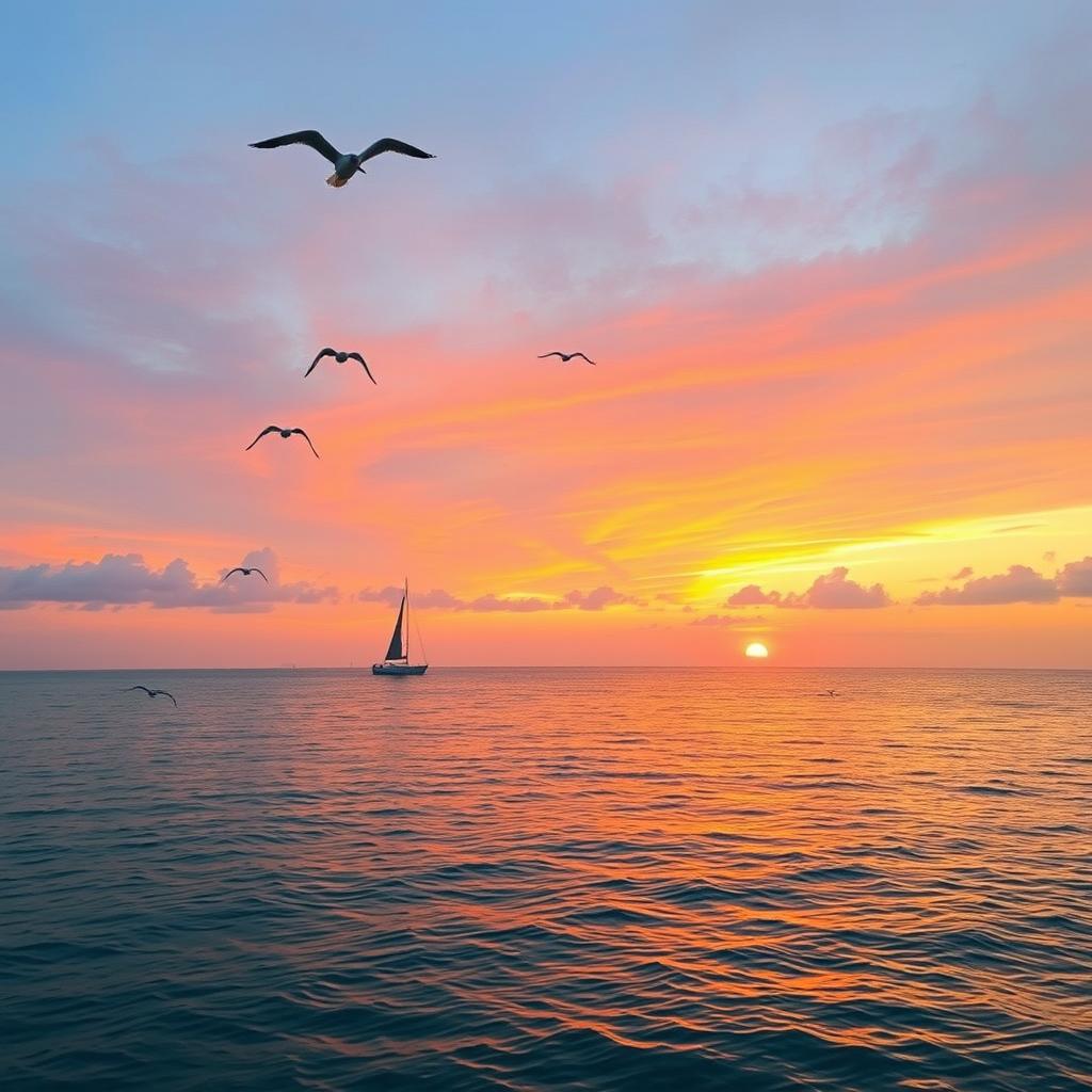 A beautiful sunset over a calm ocean with a sailboat in the distance