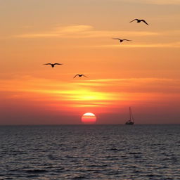 A beautiful sunset over a calm ocean with a sailboat in the distance