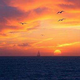 A beautiful sunset over a calm ocean with a sailboat in the distance