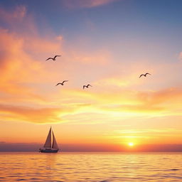 A beautiful sunset over a calm ocean with a sailboat in the distance