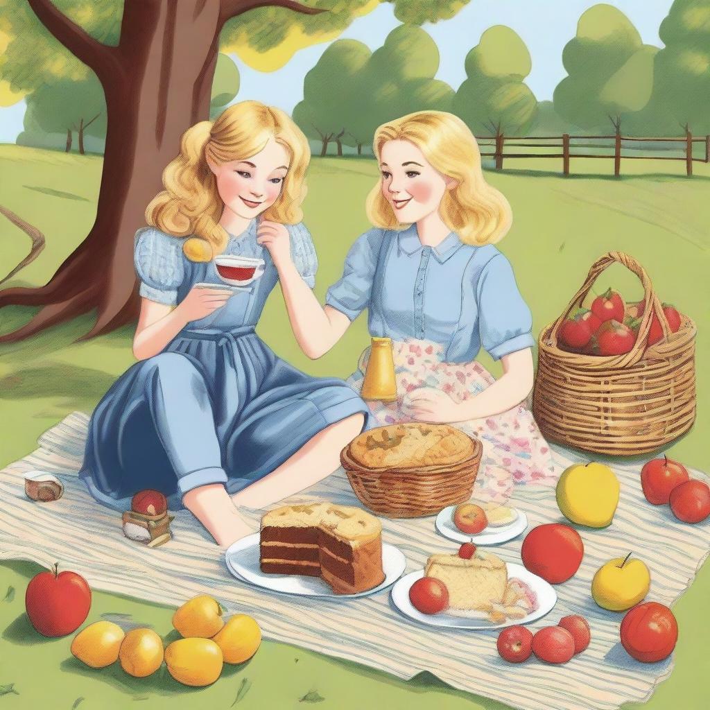 An illustration of a young blonde woman in jeans and a t-shirt with her blonde sister in a floral dress, having a picnic