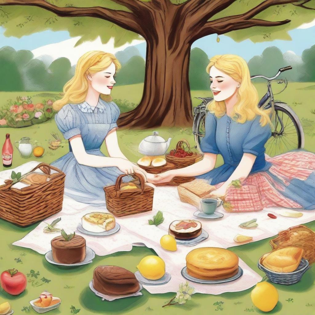 An illustration of a young blonde woman in jeans and a t-shirt with her blonde sister in a floral dress, having a picnic