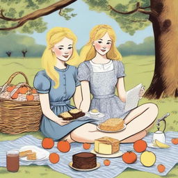 An illustration of a young blonde woman in jeans and a t-shirt with her blonde sister in a floral dress, having a picnic