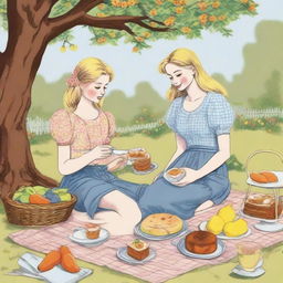 An illustration of a young blonde woman in jeans and a t-shirt with her blonde sister in a floral dress, having a picnic