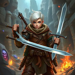 A brave explorer with short white hair, wearing leather armor, and wielding two swords