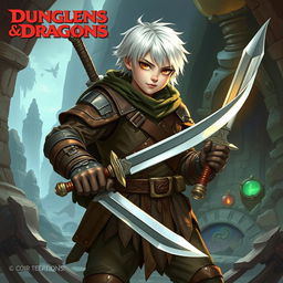 A brave explorer with short white hair, wearing leather armor, and wielding two swords