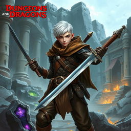 A brave explorer with short white hair, wearing leather armor, and wielding two swords