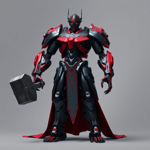 A tall robotic human paladin with black and red metallic skin