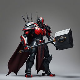 A tall robotic human paladin with black and red metallic skin