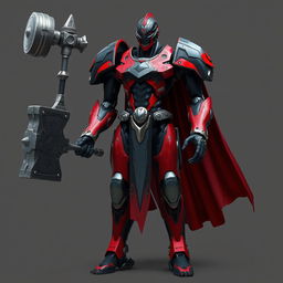 A tall robotic human paladin with black and red metallic skin