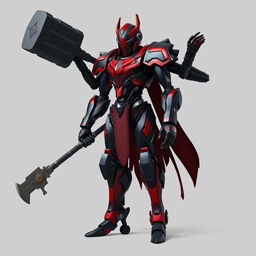 A tall robotic human paladin with black and red metallic skin