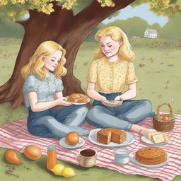 A detailed illustration of a young blonde woman in jeans and a t-shirt with her blonde sister in a floral dress, enjoying a picnic