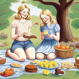 A detailed illustration of a young blonde woman in jeans and a t-shirt with her blonde sister in a floral dress, enjoying a picnic