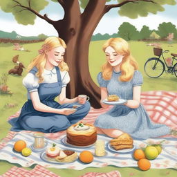 A detailed illustration of a young blonde woman in jeans and a t-shirt with her blonde sister in a floral dress, enjoying a picnic