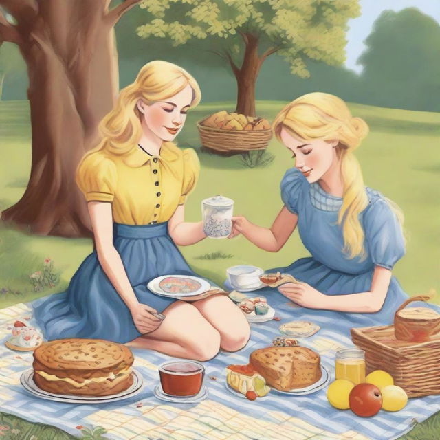 A detailed illustration of a young blonde woman in jeans and a t-shirt with her blonde sister in a floral dress, enjoying a picnic