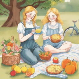 An illustration of a young blonde woman in jeans and a t-shirt with her blonde sister in a floral dress, having a picnic