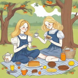 An illustration of a young blonde woman in jeans and a t-shirt with her blonde sister in a floral dress, having a picnic