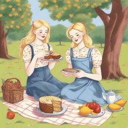 An illustration of a young blonde woman in jeans and a t-shirt with her blonde sister in a floral dress, having a picnic