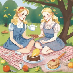 An illustration of a young blonde woman in jeans and a t-shirt with her blonde sister in a floral dress, having a picnic