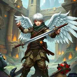 A brave explorer with short white hair, wearing leather armor and white wings, wielding two swords