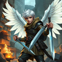 A brave explorer with short white hair, wearing leather armor and white wings, wielding two swords