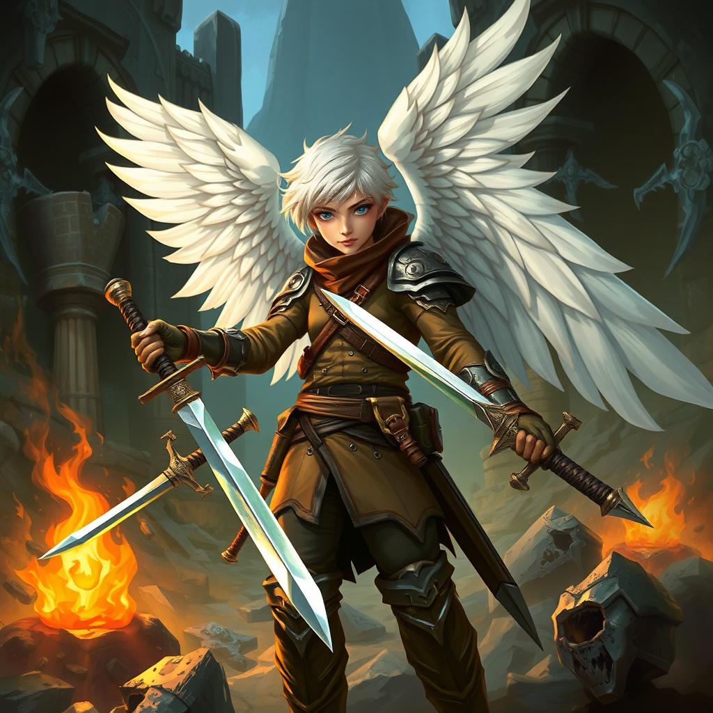 A brave explorer with short white hair, wearing leather armor and white wings, wielding two swords