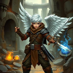 A brave explorer with short white hair, wearing leather armor and white wings, wielding two swords