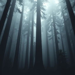 A dark and creepy redwood forest with towering trees and thick fog