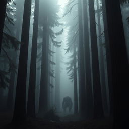 A dark and creepy redwood forest with towering trees and thick fog