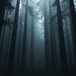 A dark and creepy redwood forest with towering trees and thick fog