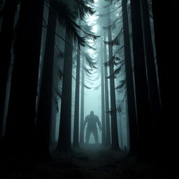 A dark and creepy redwood forest with towering trees and thick fog