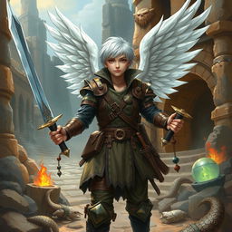 A brave explorer with short white hair, wearing leather armor and white wings, wielding a sword in each hand