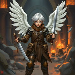 A brave explorer with short white hair, wearing leather armor and white wings, wielding a sword in each hand