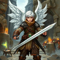 A brave explorer with short white hair, wearing leather armor and white wings, wielding a sword in each hand