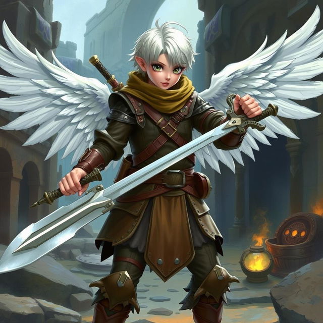 A brave explorer with short white hair, wearing leather armor and white wings, wielding a sword in each hand