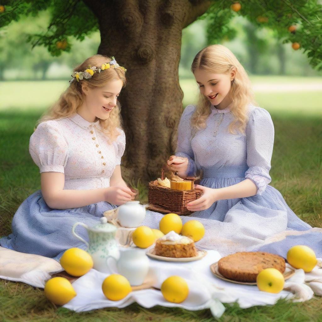 Two young blonde women having a picnic with carrot cake topped with chocolate, apple pie, and sandwiches