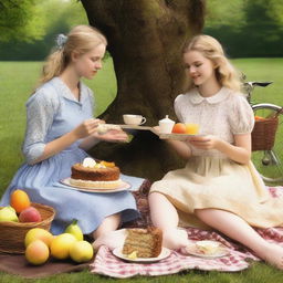 Two young blonde women having a picnic with carrot cake topped with chocolate, apple pie, and sandwiches