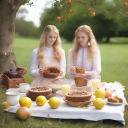 Two young blonde women having a picnic with carrot cake topped with chocolate, apple pie, and sandwiches