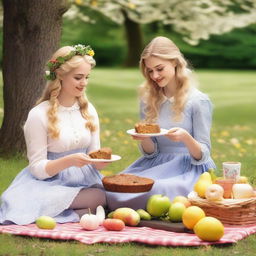 Two young blonde women having a picnic with carrot cake topped with chocolate, apple pie, and sandwiches