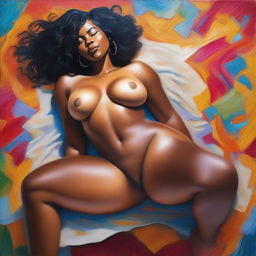 A polished, oil-based painting featuring a full-body view of a sexy black woman with short-curly hair, beautiful breasts, and a big booty posing while laying down