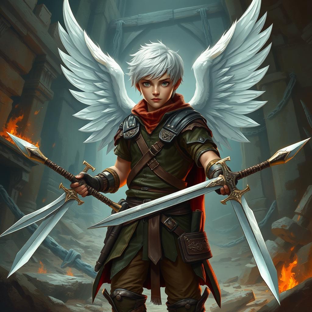 A young adult explorer with short white hair, wearing leather armor and white wings, wielding a sword in each hand