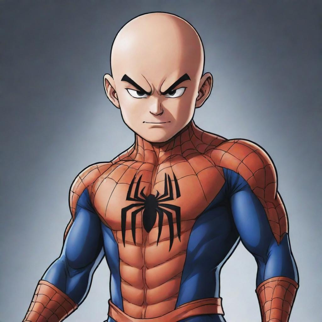 Krillin from Dragon Ball Z dressed in Marvel's Spider-Man costume, depicted in the iconic Dragon Ball art style