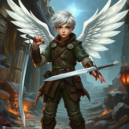 A young adult explorer with short white hair, wearing leather armor and white wings, wielding a sword in each hand