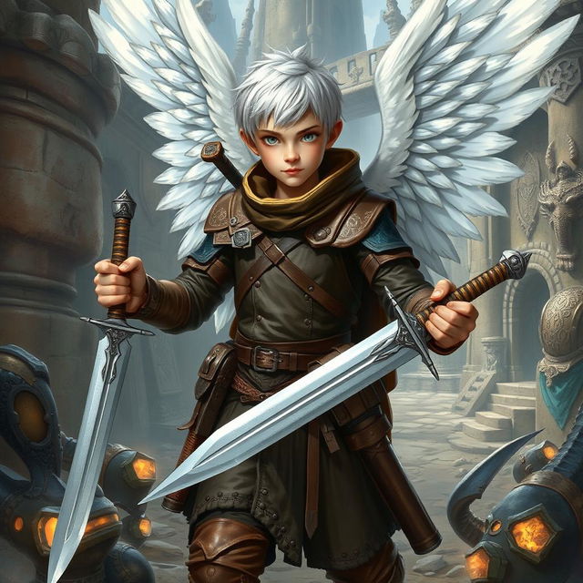 A young adult explorer with short white hair, wearing leather armor and white wings, wielding a sword in each hand