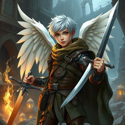 A young adult explorer with short white hair, wearing leather armor and white wings, wielding a sword in each hand