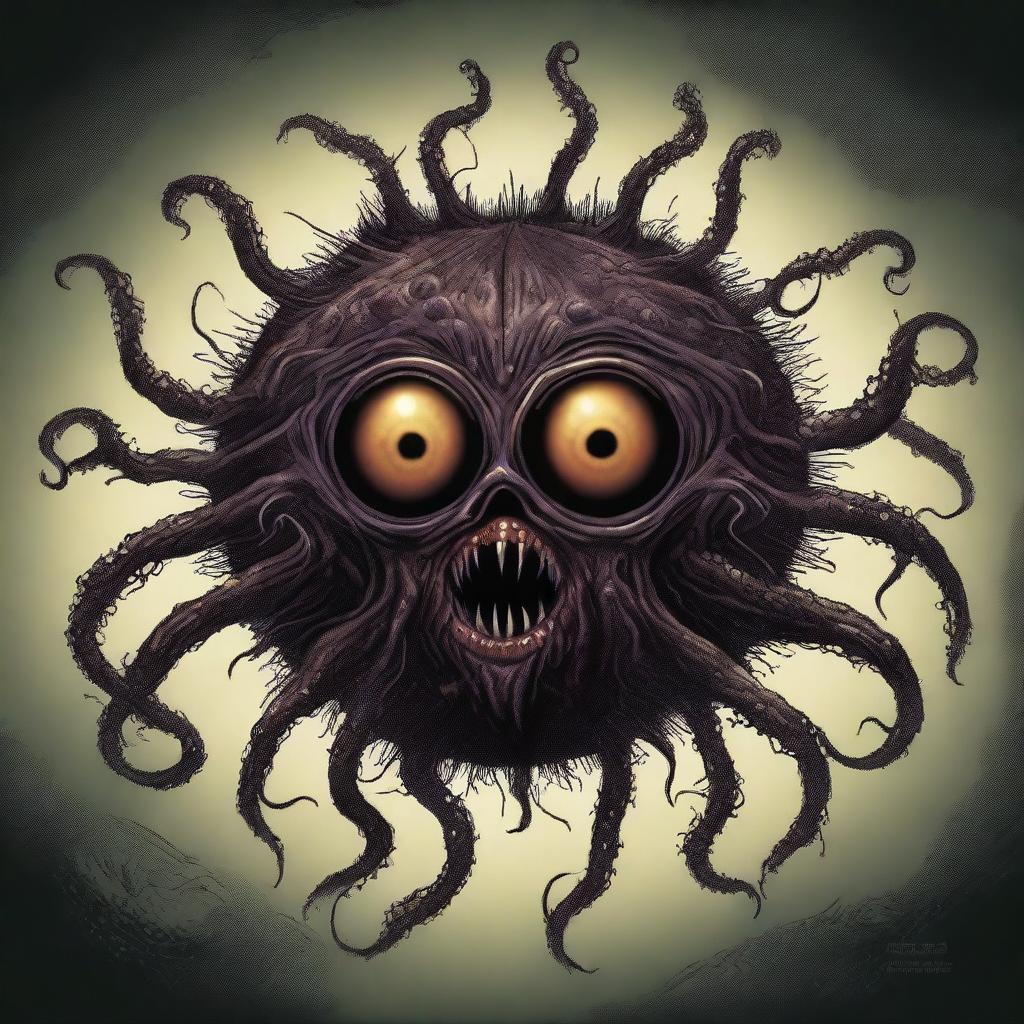 A highly detailed illustration of a Beholder, a floating, spherical creature with a large central eye and multiple smaller eyestalks protruding from its body