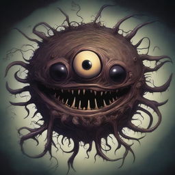 A highly detailed illustration of a Beholder, a floating, spherical creature with a large central eye and multiple smaller eyestalks protruding from its body